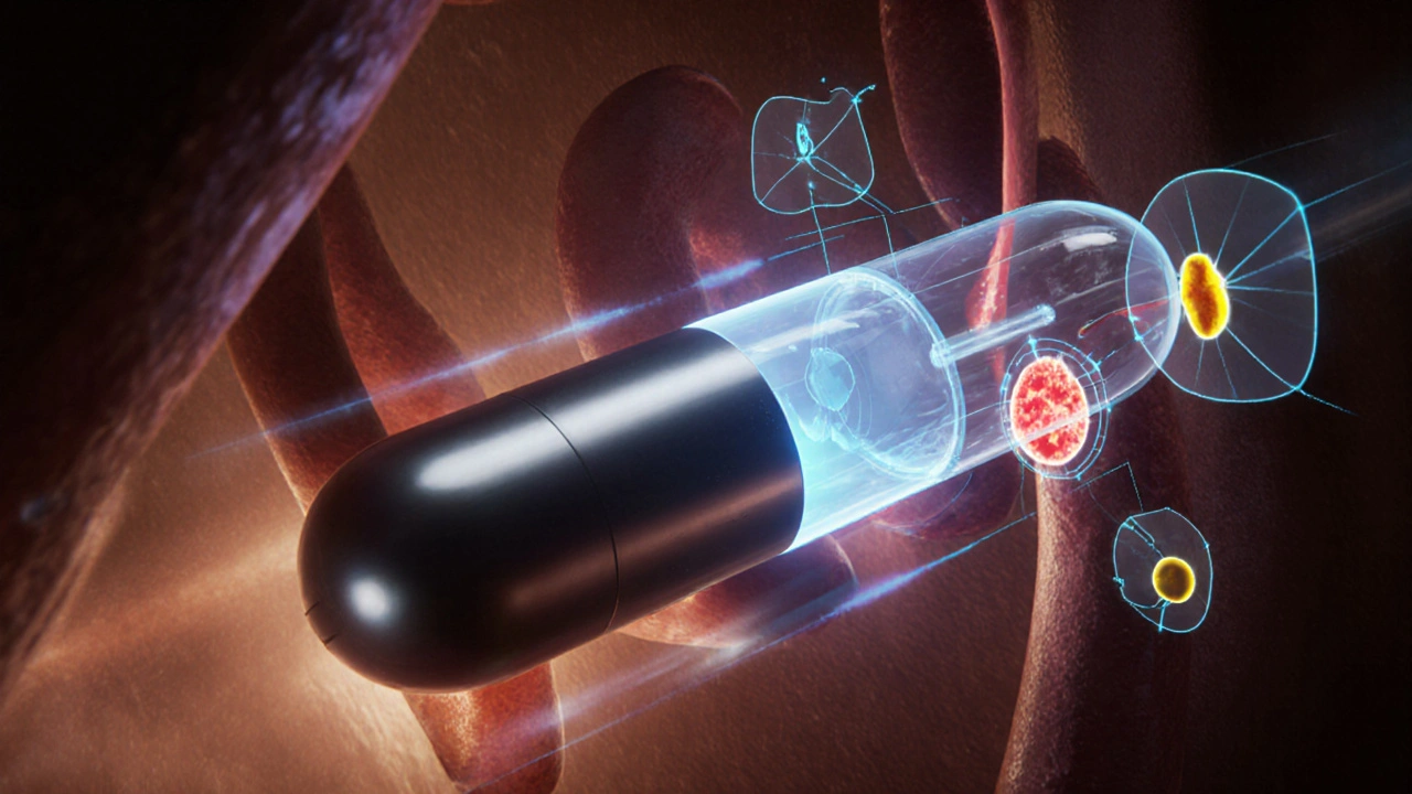 Futuristický kapslový endoskop s holografickým AI rozpoznáváním polypů ve střevech.