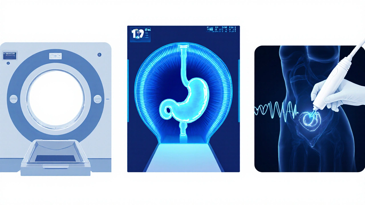 Ilustrace CT, MRI a ultrazvuku břicha ukazující zobrazovací zařízení a stíny žaludku.