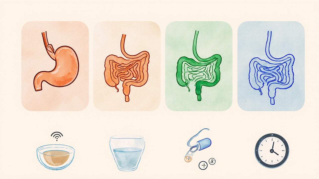 Ilustrace typů endoskopie a přípravy: gastroskopie, kolonoskopie, bronchoskopie, kapsle.