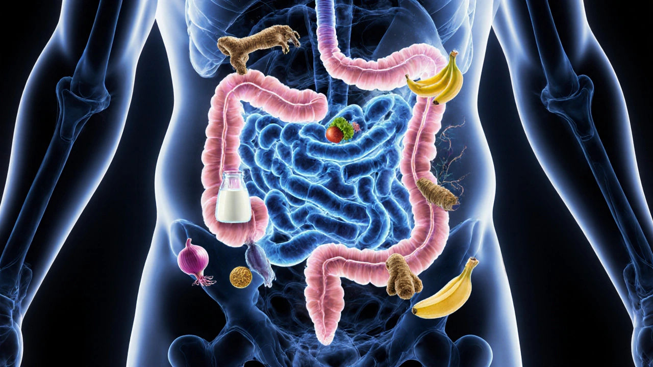 Ilustrace zdravého střevního mikrobiomu s přírodními potravinami, které ho podporují, v kontrastu k zpracovaným látkám.