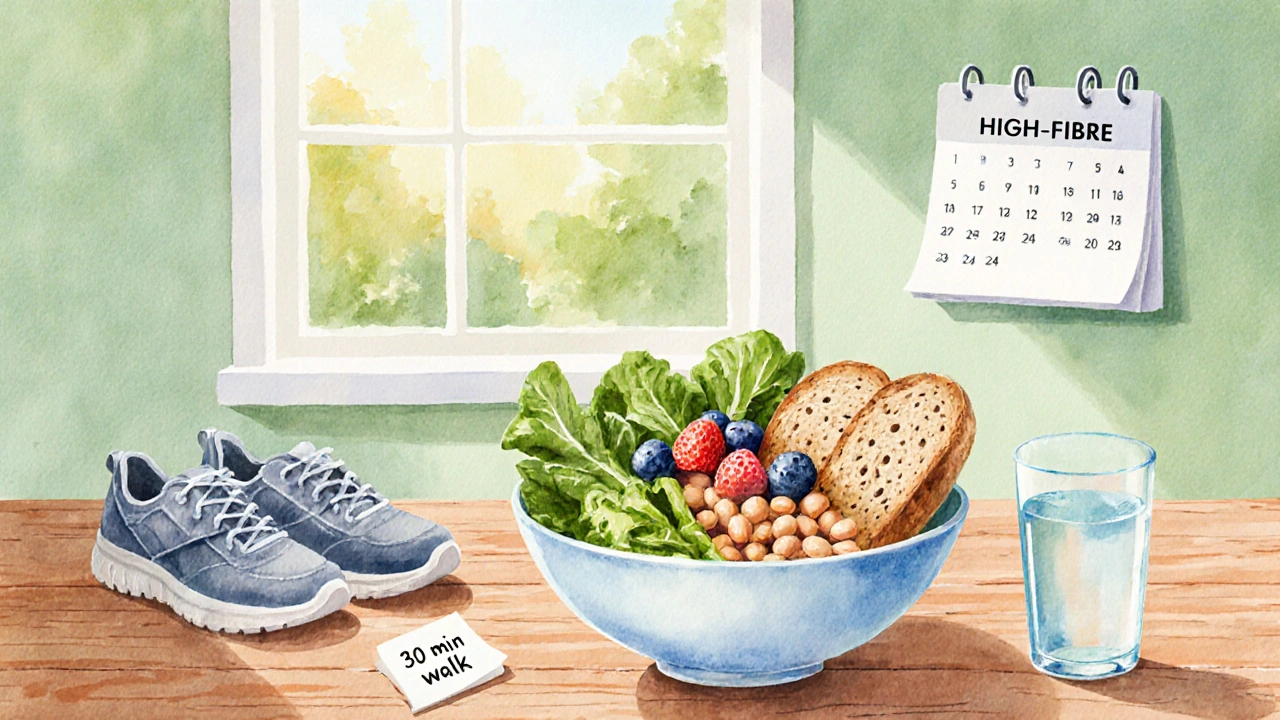 Jasná akvarelová scéna s obilím, zeleninou, vodou a běžeckými botami jako prevencí zácpy.