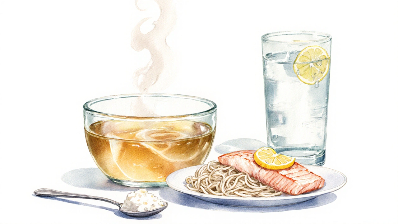 Jasná vývarová polévka, rýžové nudle, pečený filet ryby, měkký tvaroh a sklenice citronové vody na pastelovém stole.