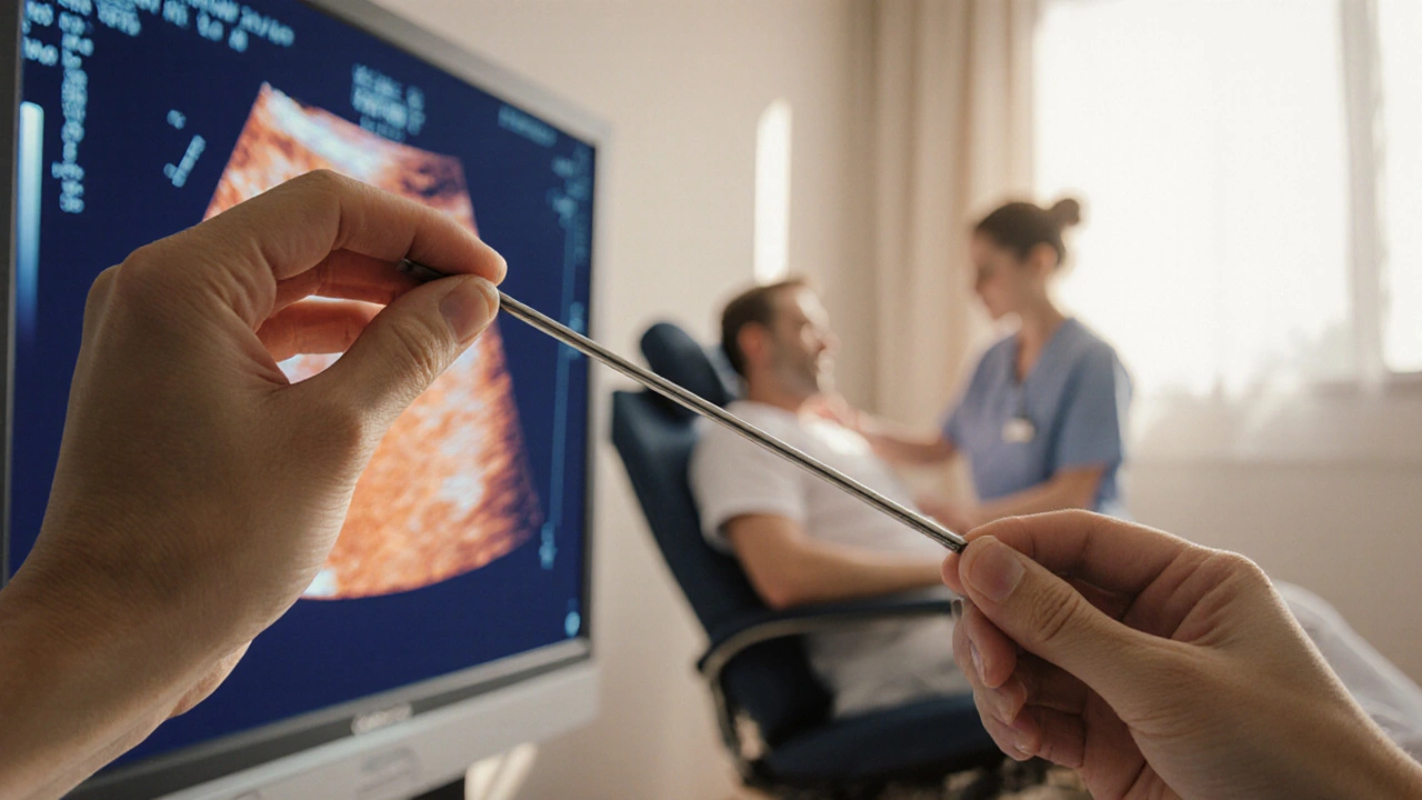 Kinozáběr bioptické jehly pod ultrazvukovým vedením, pacient odpočívá, monitor ukazuje odebranou tkáň.