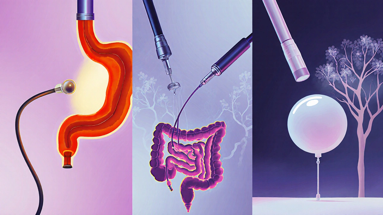 Koláž ukazující pět typů endoskopie: gastroskopie, kolonoskopie, bronchoskopie, enteroskópie a ERCP.