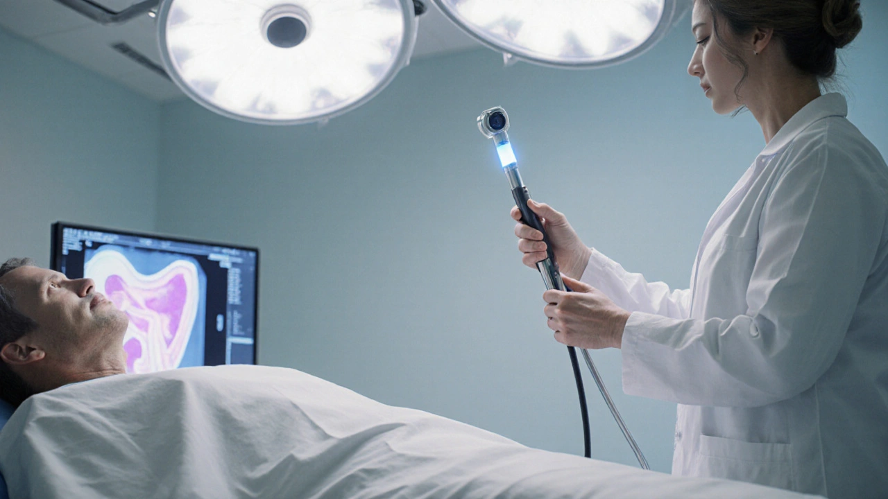 Lékař drží rektoskop u ležícího pacienta v klinické místnosti.