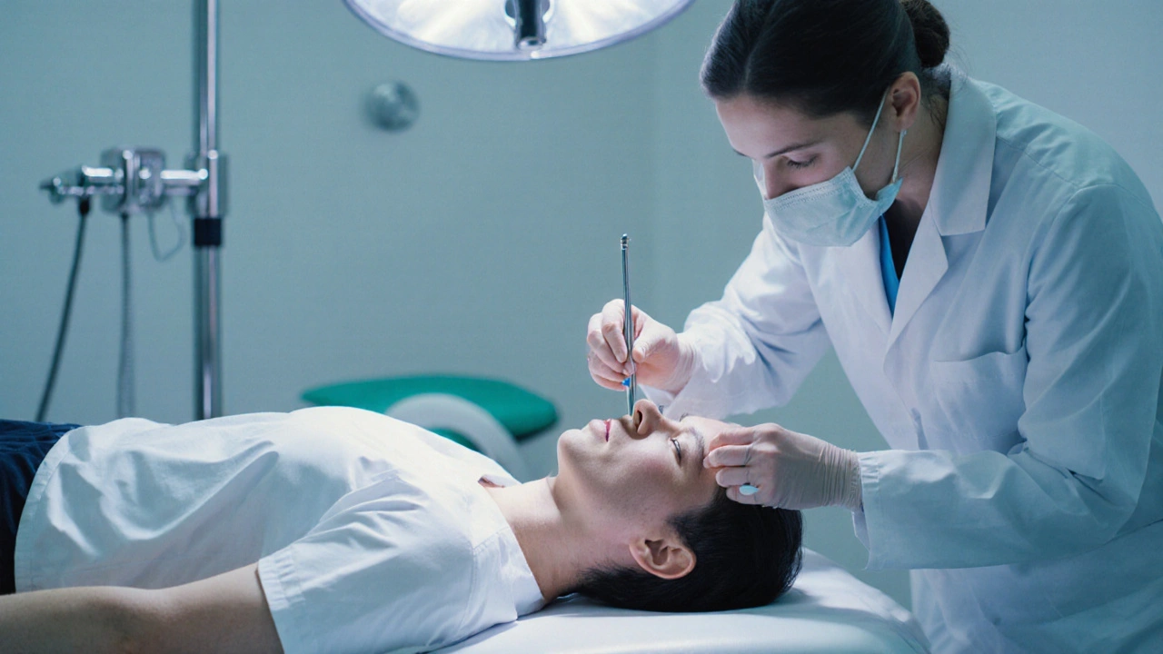 Lékař provádí rubber band ligaci na pacientovi v moderní klinice.