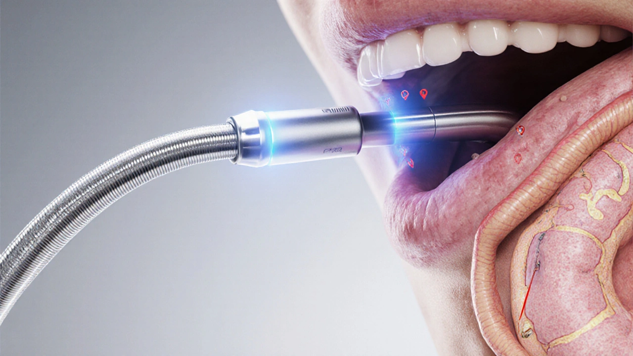 Lékařský digitální obrázek fibroskopu v tenkém střevě s vyznačenými strikturami a polypy.