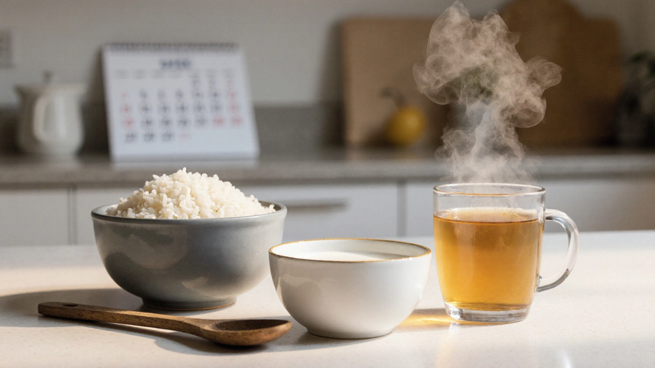 Na kuchyňském stole jsou bezpečné potraviny po gastroskopii: rýže, jogurt a zeleninová polévka bez koření.