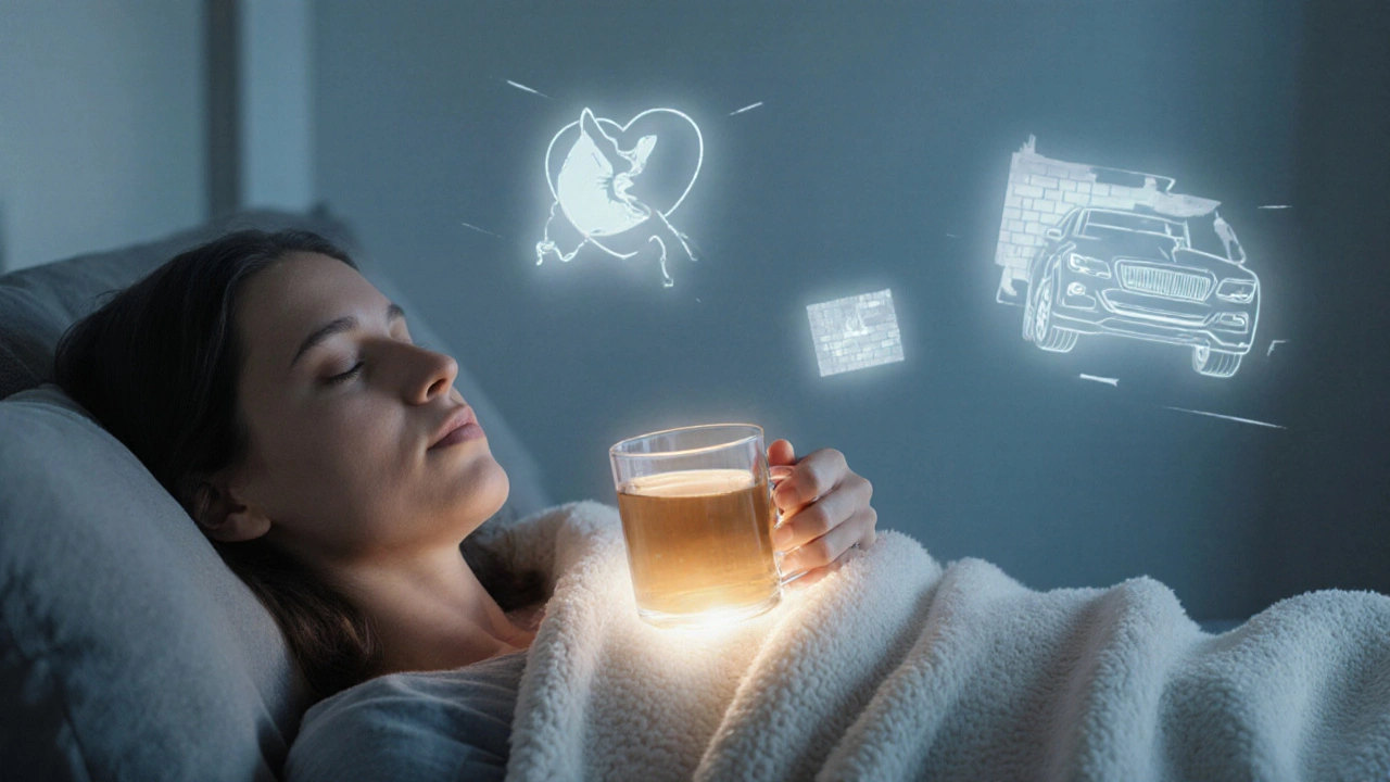 Osoba odpočívá s teplým čajem, kolem ní průhledné varovné symboly.