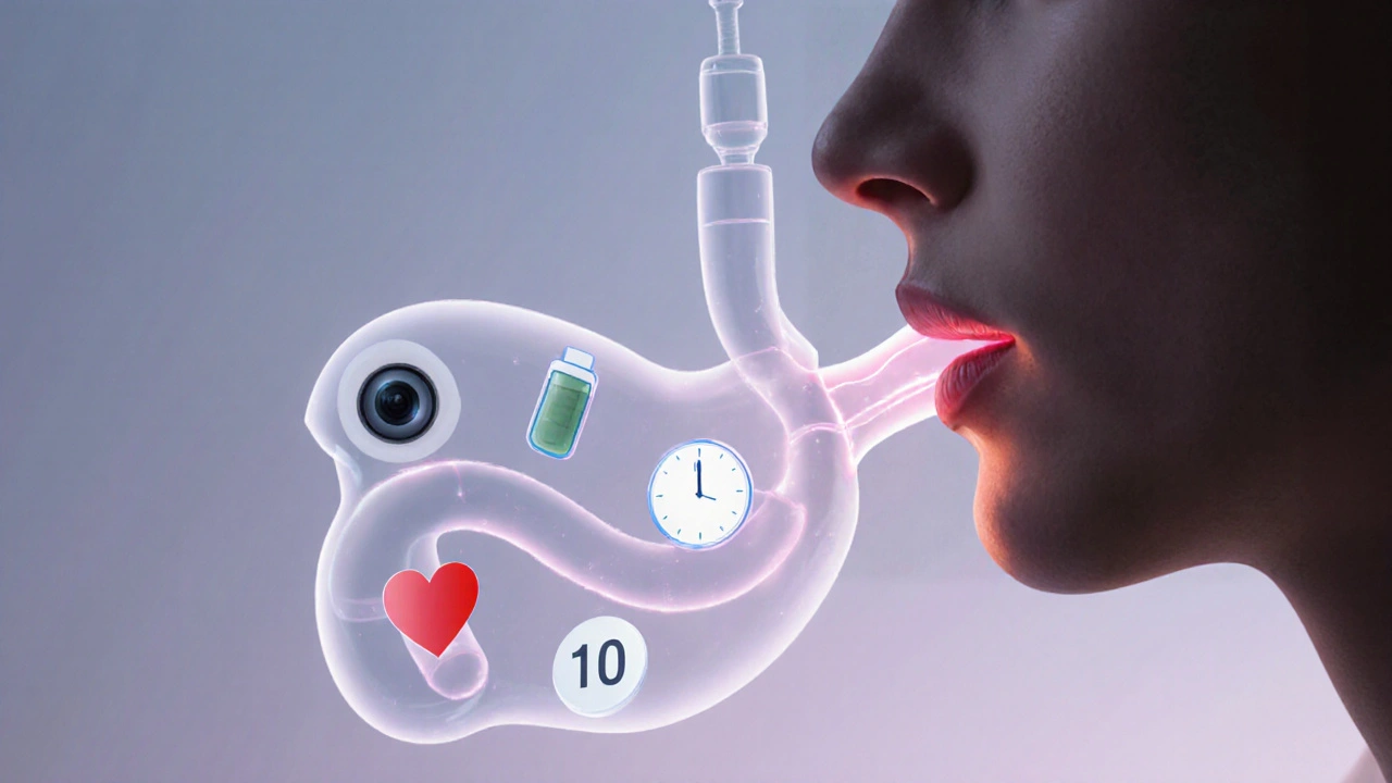 Představivý obraz jícnu s diagnostickými symboly, symbolizující rychlost, bezpečnost a přesnost vyšetření.