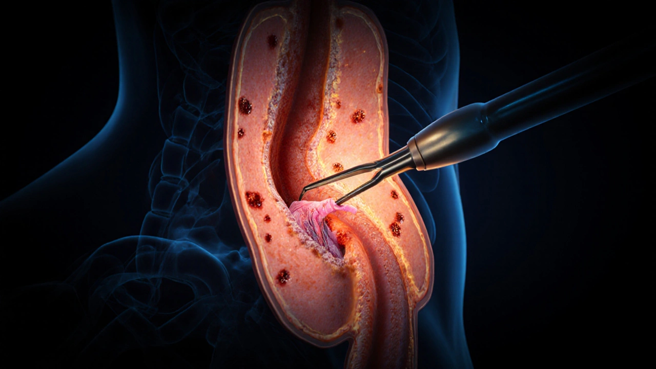 Průřez jícnem s viditelnými záněty a vředy, osvětlený endoskopem s nástrojem pro odběr vzorku.