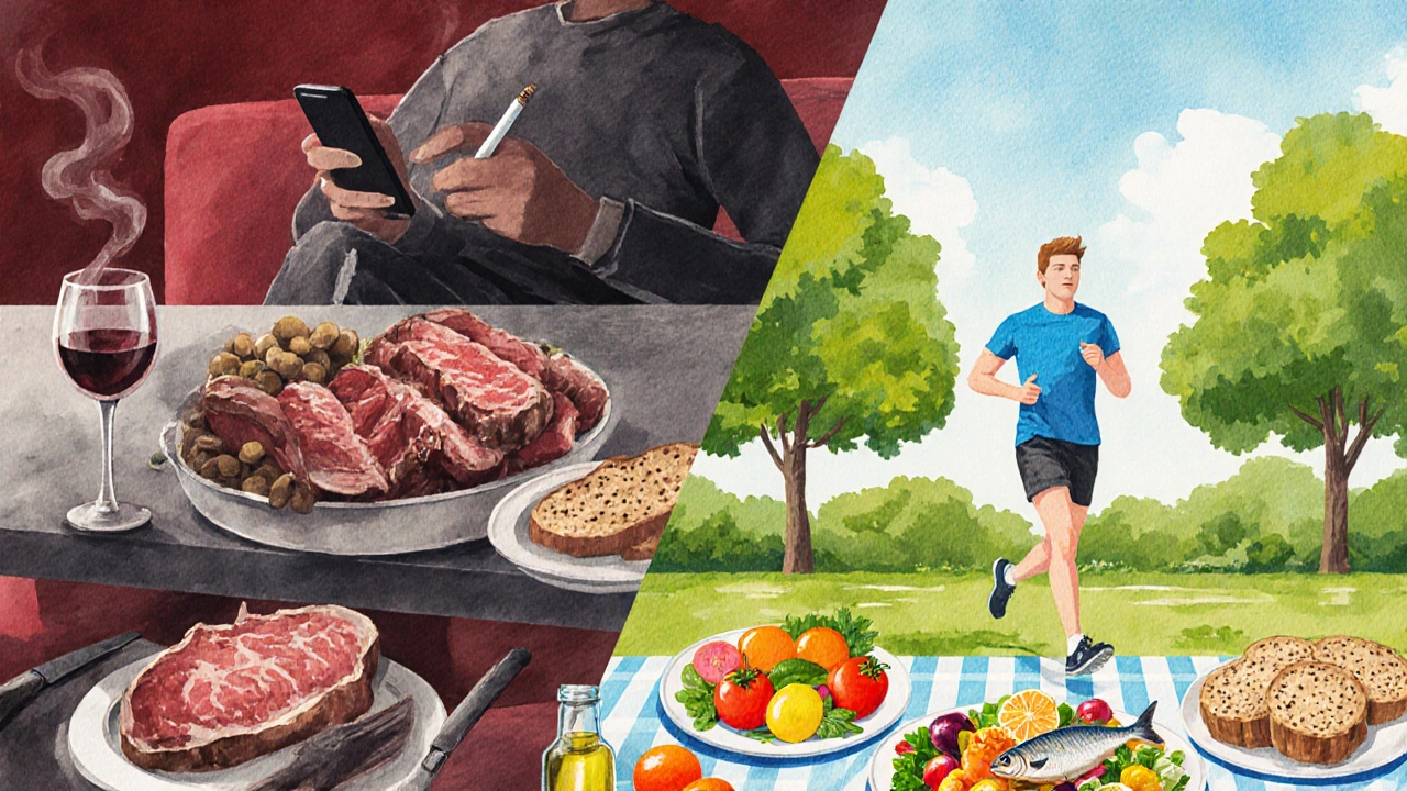 Rozdělená ilustrace: nebezpečné stravovací a životní návyky vlevo, zdravá středomořská strava a cvičení vpravo.