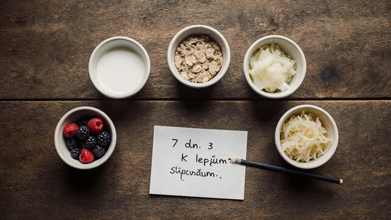 Sedm denních porcí pro zdravá střeva na dřevěné tabuli s rukou psanou poznámkou.