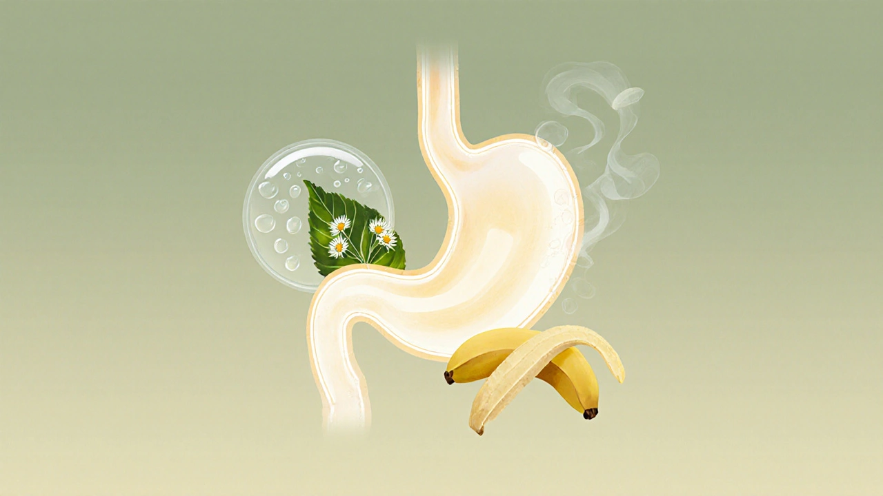 Symbolický obraz hojící se sliznice s teplými kapkami vody, bylinkou a banánem, bez podráždění.