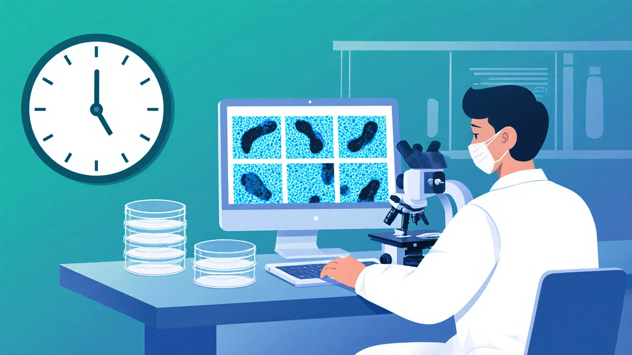 Technik v laboratoři zkoumá vzorky stolice pod mikroskopem, naznačujíc čekání na výsledky.