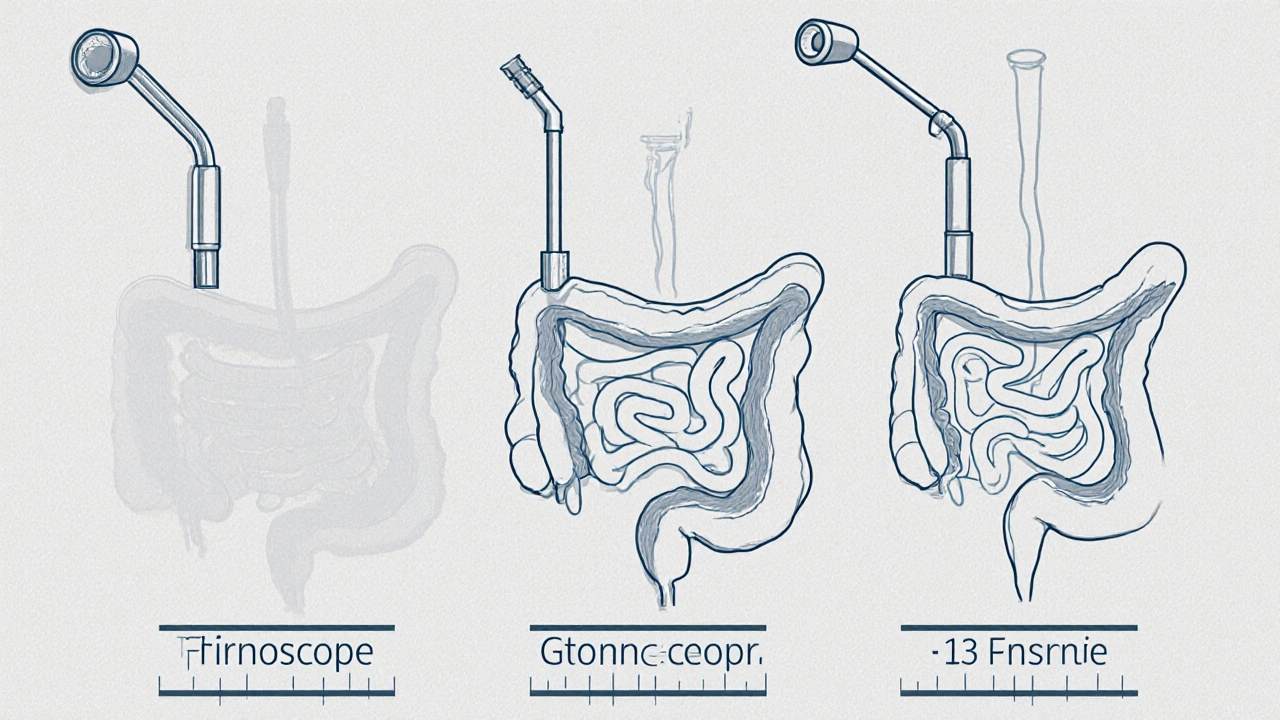 Vedle sebe zobrazené nástroje fibroskopie, kolonoskopie a gastroskopie s viditelnými průměry.