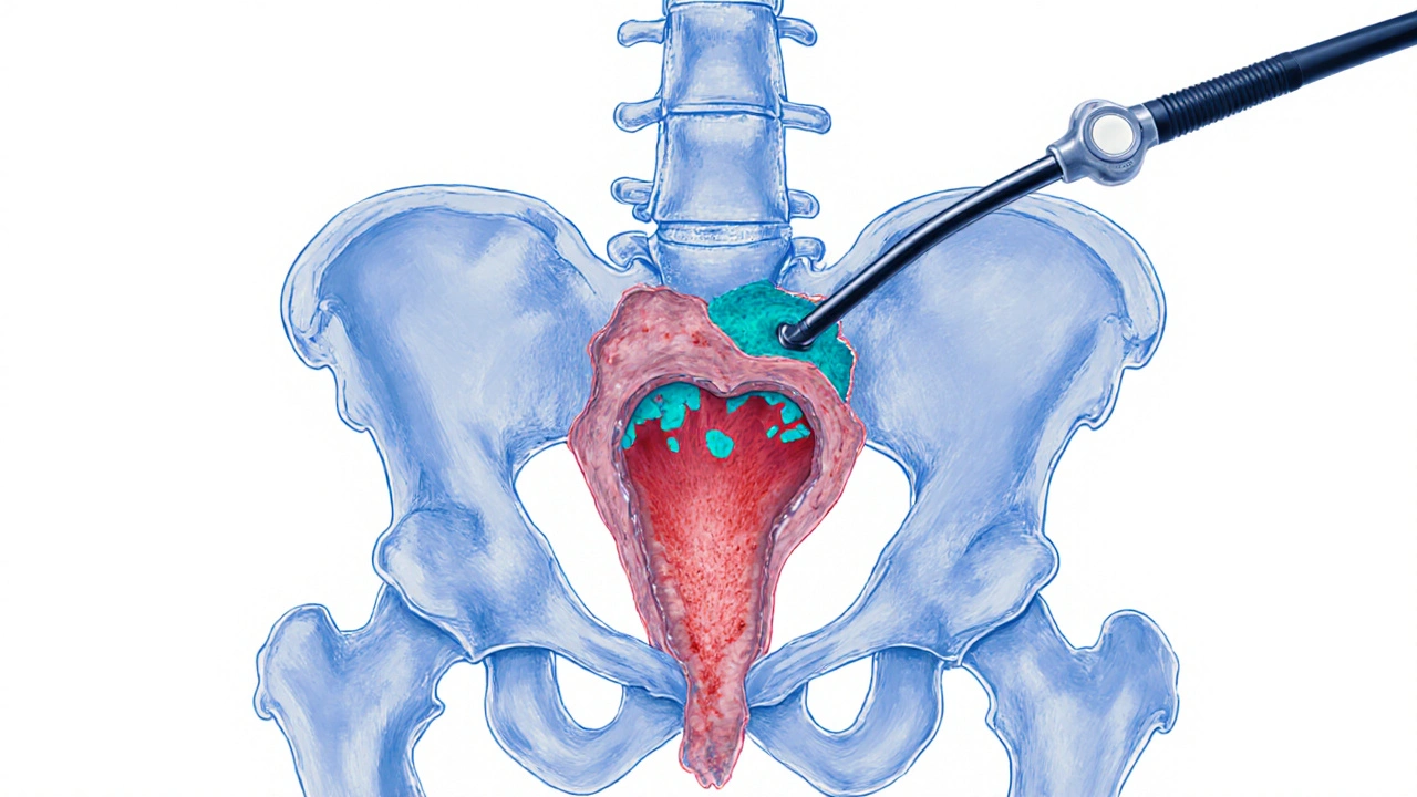 Anatomický náčrt dolní části rektuma s vloženým rektoskopem a viditelnými změnami stěny.