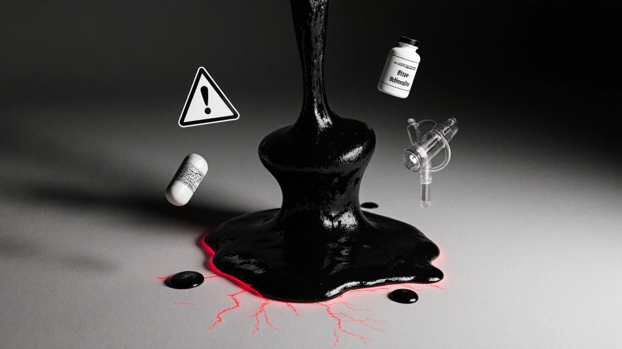 Černá lepkavá hmota v tlustém střevě s symboly krvácení a vředu.