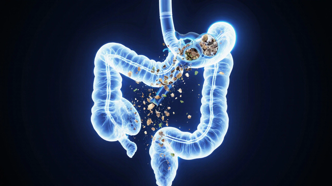 Čisté střevo jako světlá trubice, do níž vstupuje kolonoskop, zatímco nečistoty mizí.