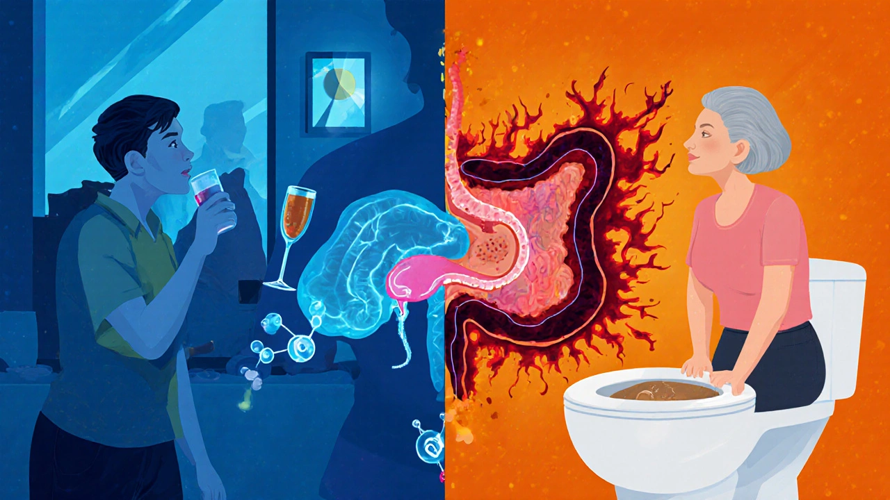 Dvoučelný obraz: zdravá vs. poškozená slinivka s příčinami zánětu – alkohol a žlučové kameny.