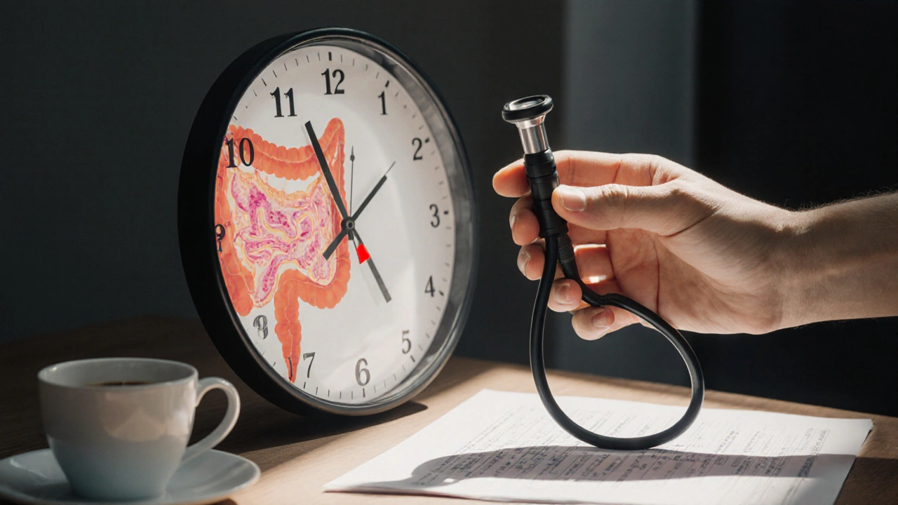 Endoskop vedle hodin a kávové šálky, symbolizující důležitost časného vyšetření.