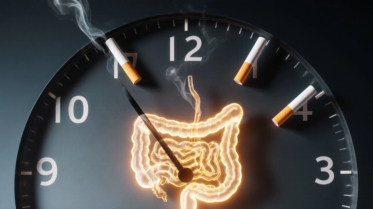 Hodiny symbolizující 24 hodin bez kouření, které vedou k čistému a zdravému střevu.