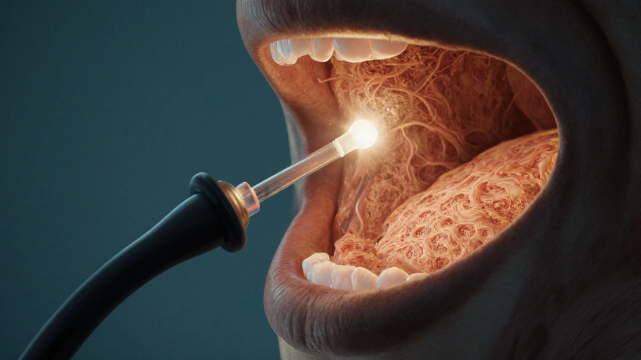 Illuminovaný anoskop zobrazuje vnitřní stěny konečníku s teplým světlem.