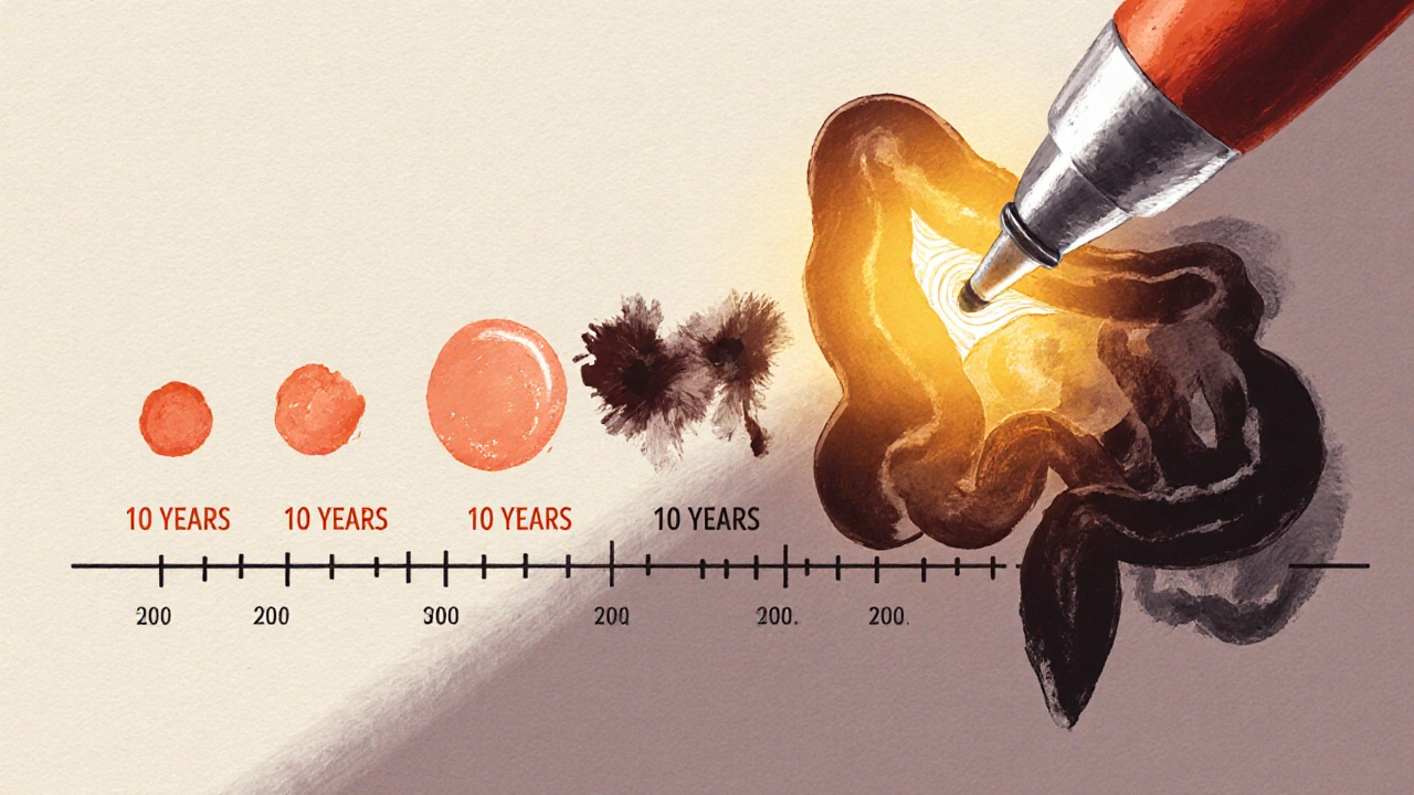 Ilustrace ukazuje, jak polyp v tlustém střevě přechází v rakovinu, ale je odstraněn včas, zastavující tento proces.