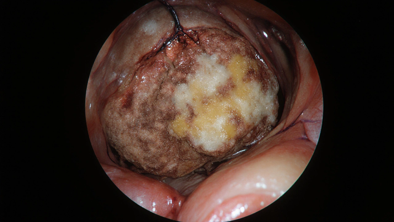 Karcinom v přímém střevě s hrubou, tmavě červenohnědou povrchovou strukturou a nekrózou.