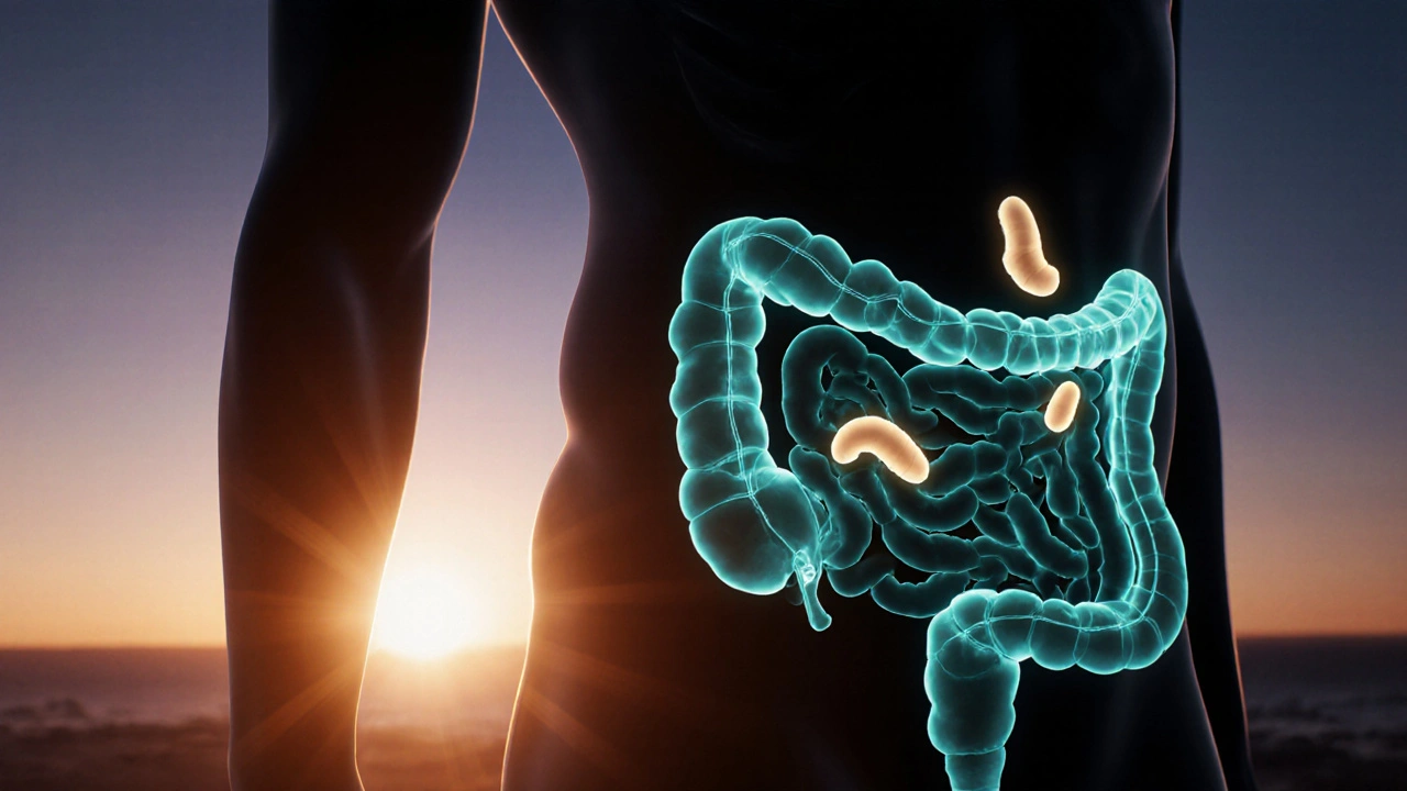 Koncepční obrázek světelného rektoskopu osvětlujícího zdravé tkáně a malé změny v konečníku.