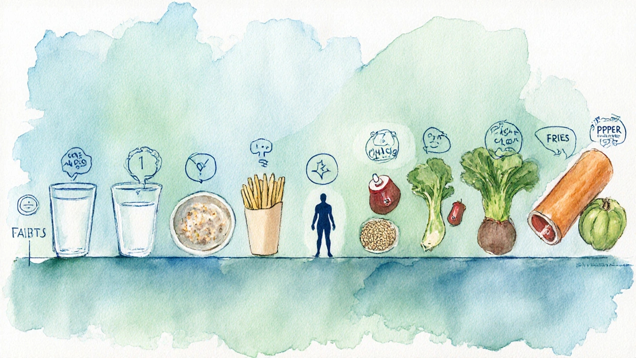 Kreslená časová osa obnovy stravy po kolonoskopii od tekutin k jemným potravinám.