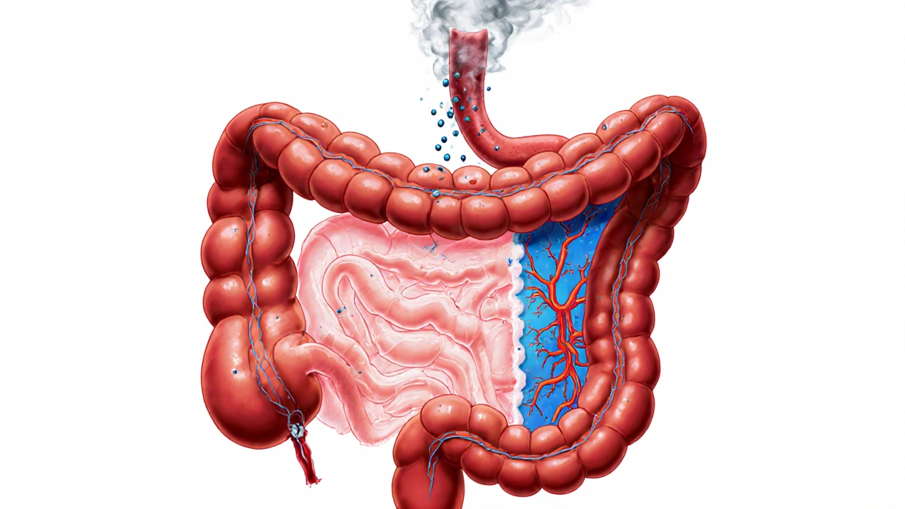 Křížový řez tlustého střeva s plynovými bublinami a zúženými cévami způsobenými kouřením.