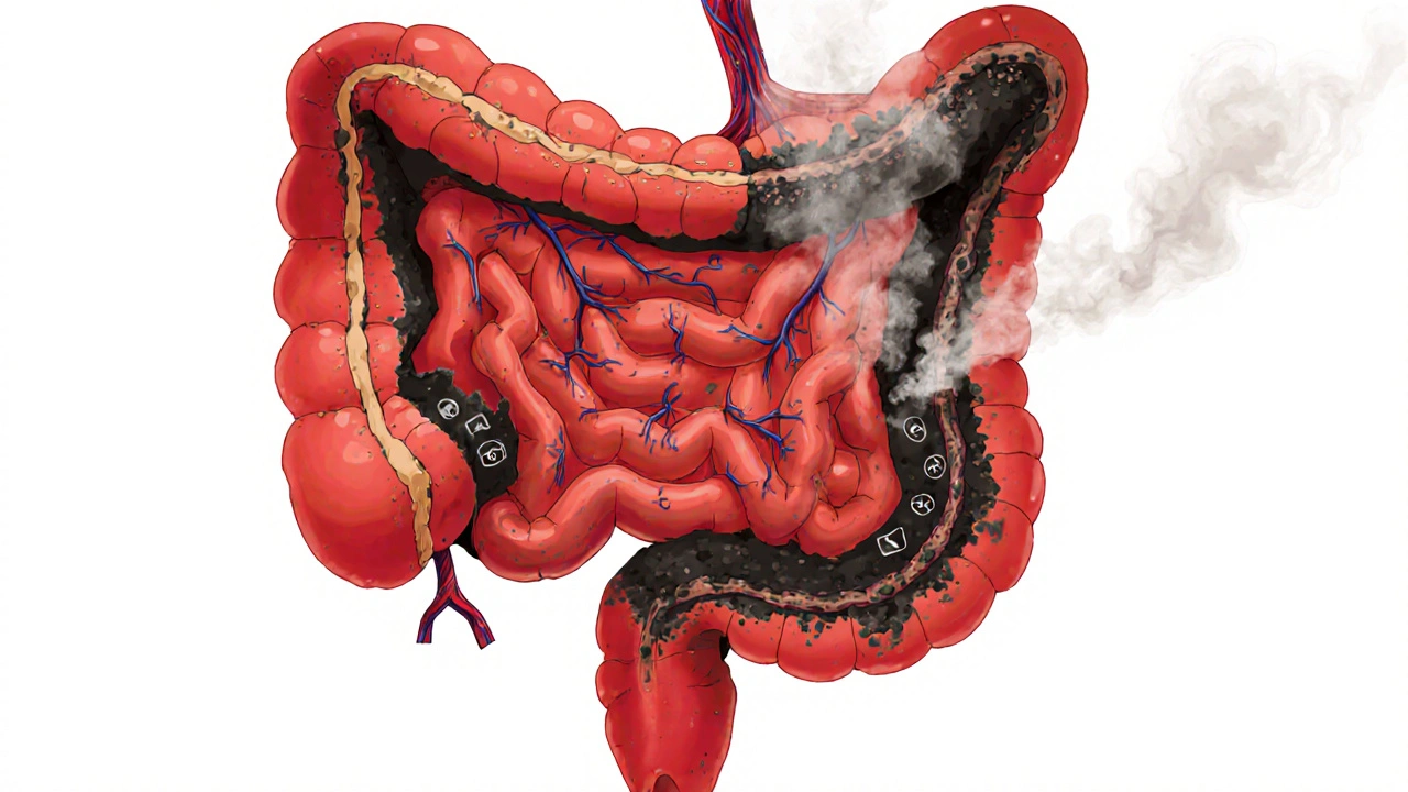 Křížový řez tlustého střeva s zúženými cévami a slizem zakrývajícím polypy.
