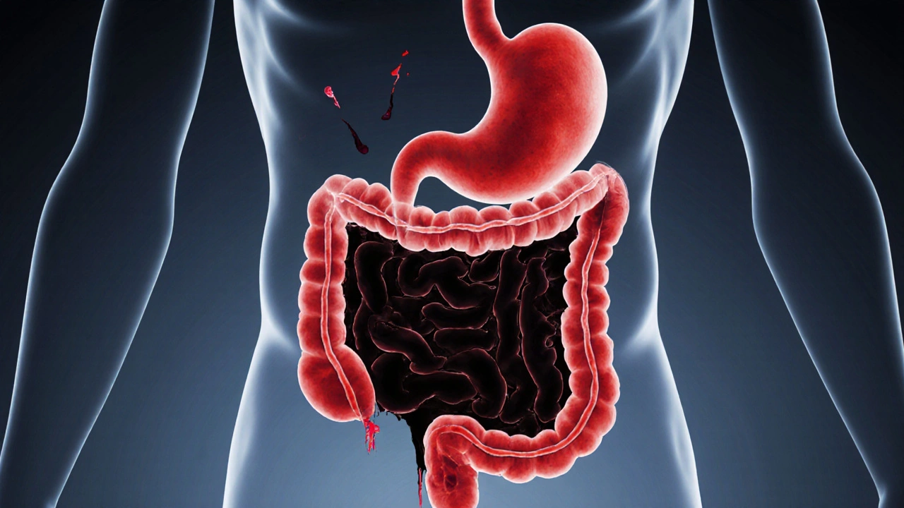 Křížový řez trávicího traktu ukazující přeměnu krve na černou melénu.