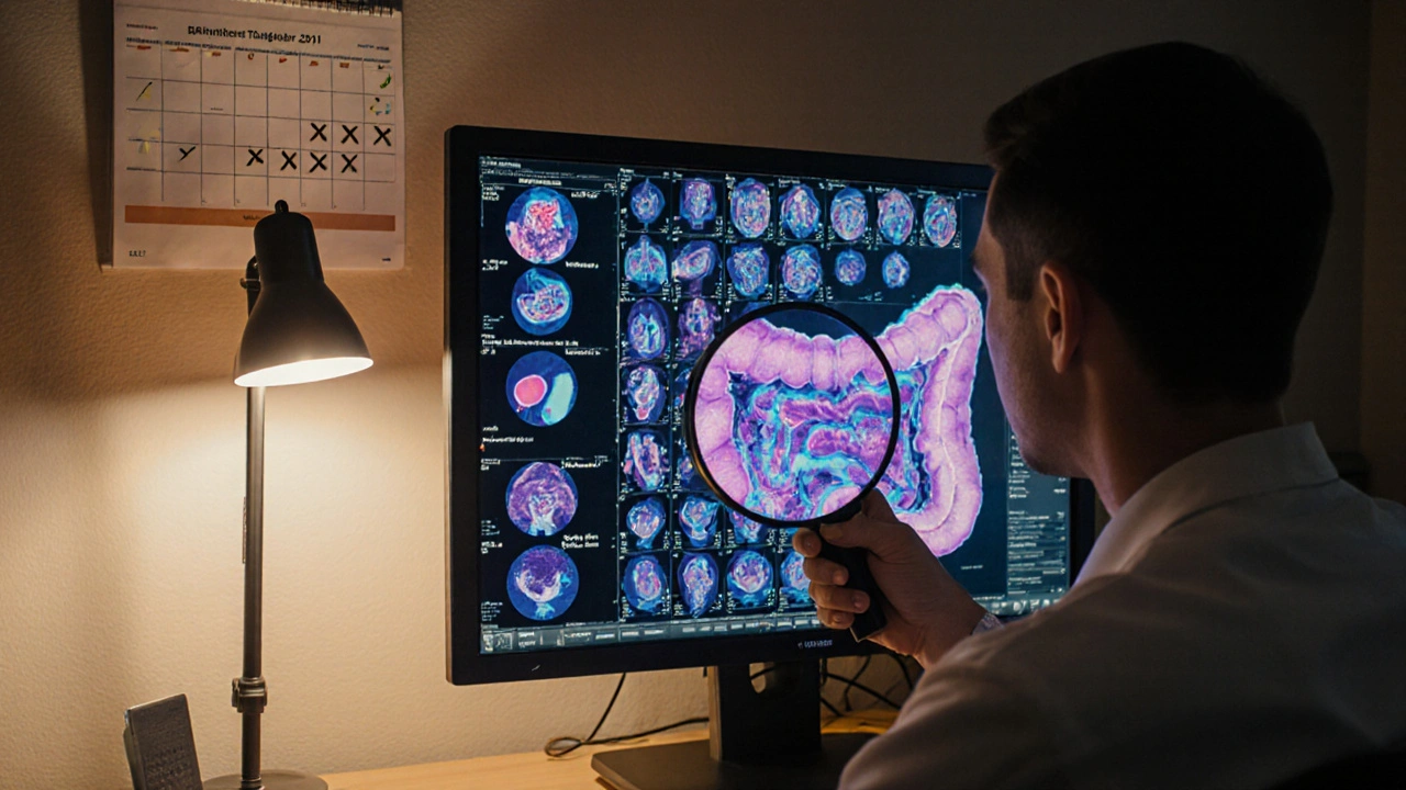 Lékař analyzuje obrázky střev na monitoru, v pozadí kalendář s čekáním.