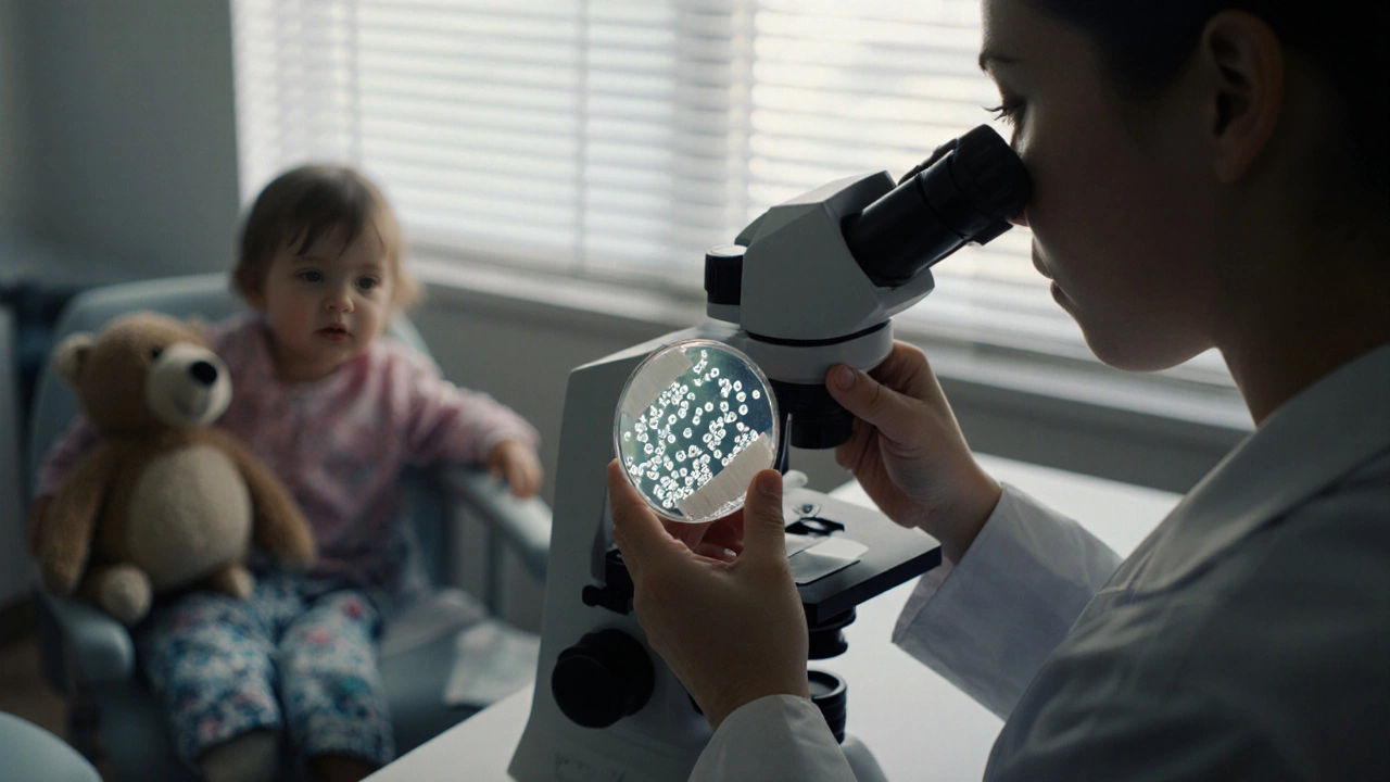 Lékař drží sklíčko s vzorkem z výtěru, mikroskop ukazuje vajíčka červů.