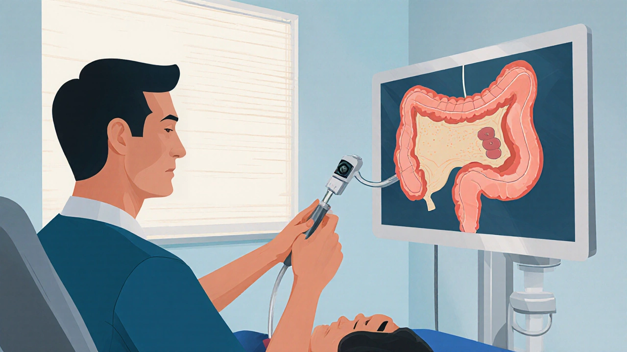 Lékař provádí rektoskopii v čisté ordinaci, pacient je klidný, na monitoru je vidět vnitřní část konečníku.