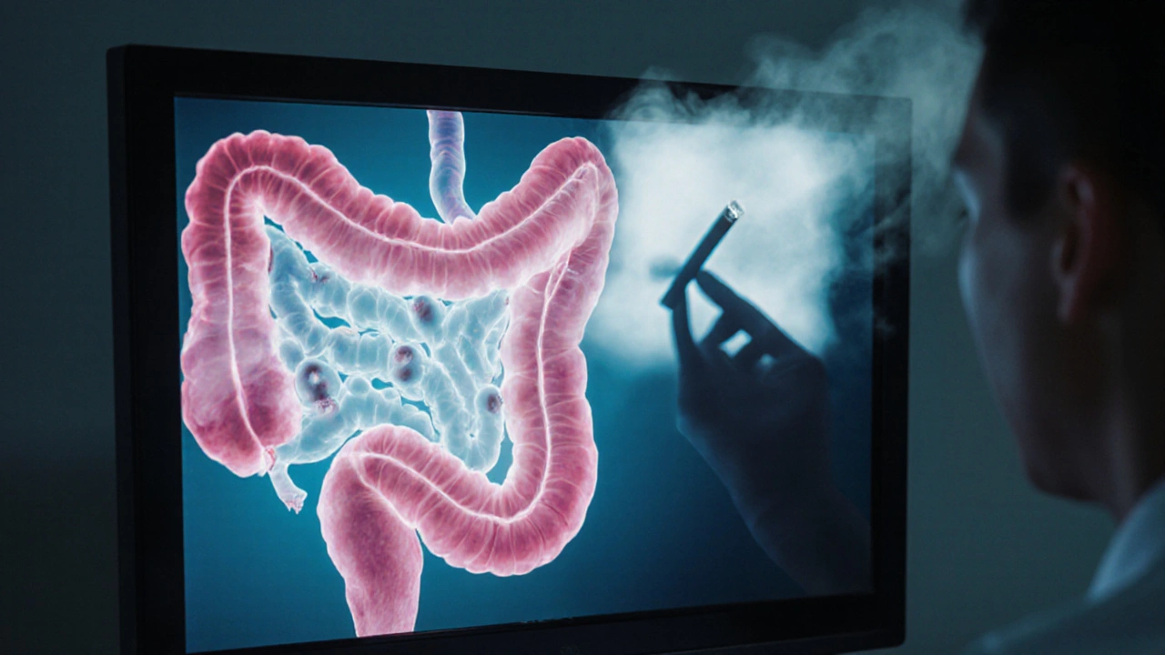 Lékař sleduje kolonoskopický obraz s průhlednou siluetou cigarety překrývající nečistoty.