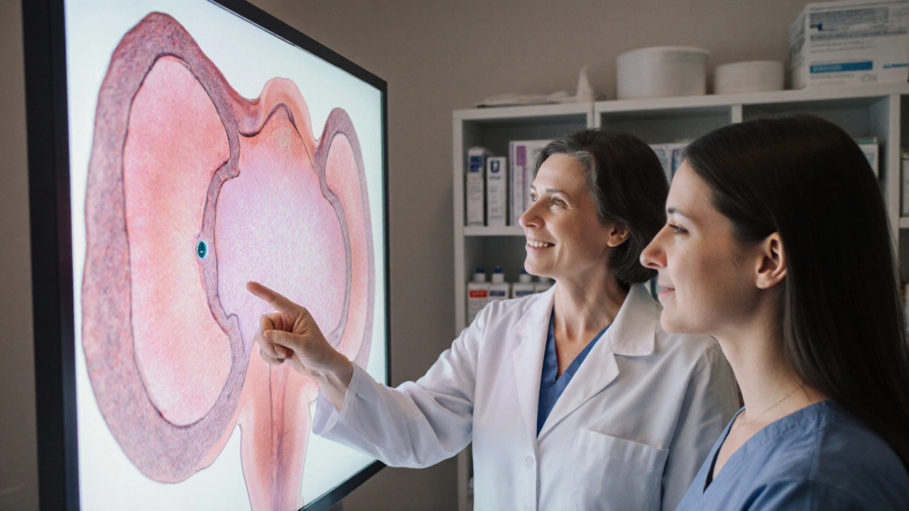 Lékař ukazuje na obrazovce s vnitřním pohledem na konečník s malým polypem.