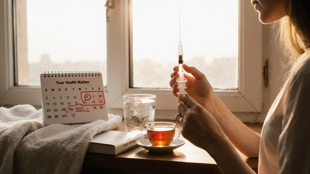 Malá klystýrová stříkačka, voda a bylinný čaj na výhledu ráno před vyšetřením.