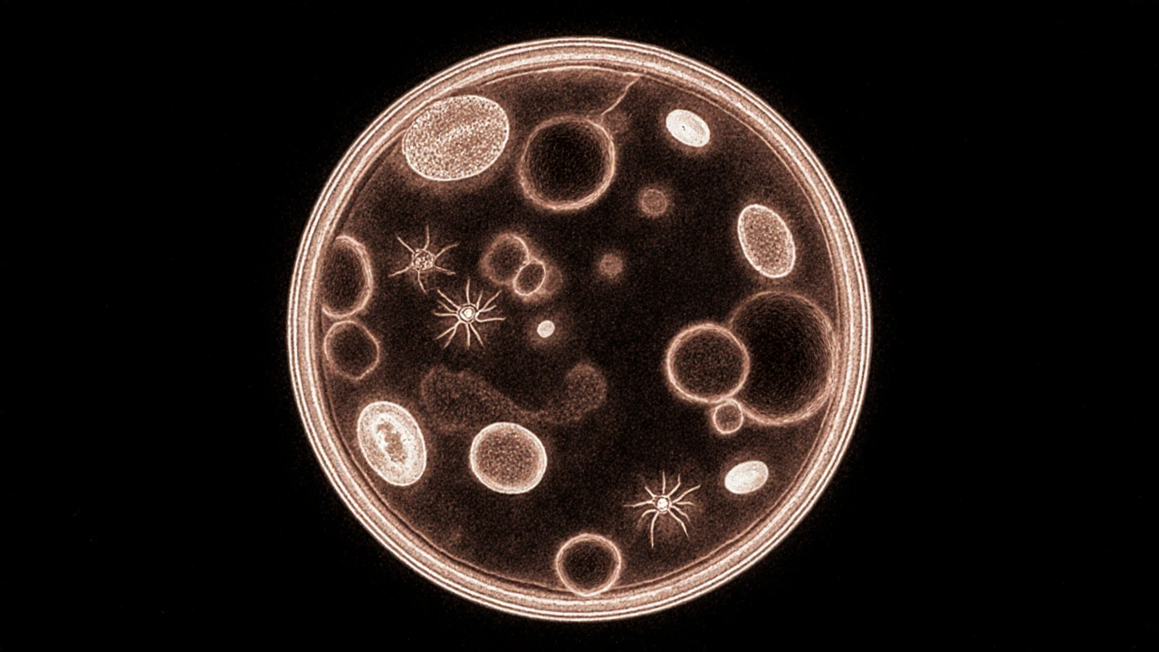 Mikroskopický pohled na krev, vajíčka parazitů a leukocyty ve stolici.