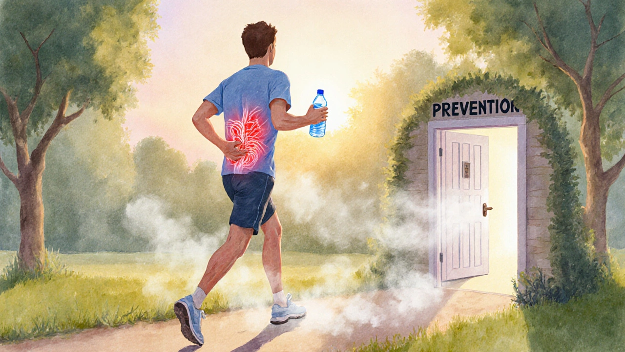 Osoba chodí v parku na ranní světlo, průhledné žíly se vypařují za ní, symbolizující úlevu prostřednictvím pohybu.