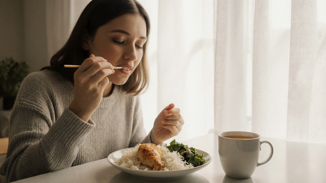 Osoba jí jemnou stravu: vařenou rýži a kuřecí prsa s bylinným čajem.