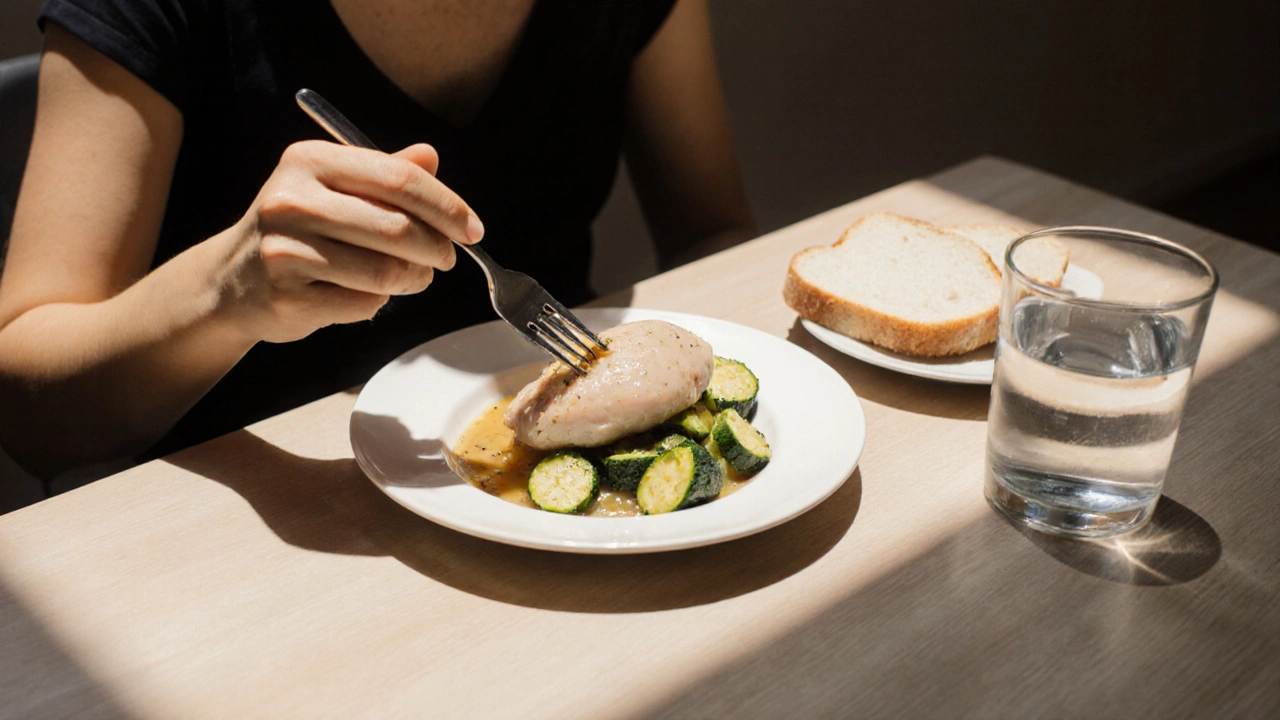 Osoba jí vařené kuřecí prsa s cuketou a bílým chlebem po kolonoskopii.