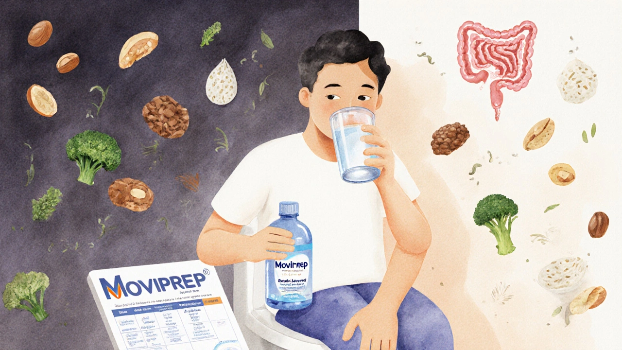 Osoba pije čisticí roztok před vyšetřením, vedle ní lékařský návod a sklenice vody.