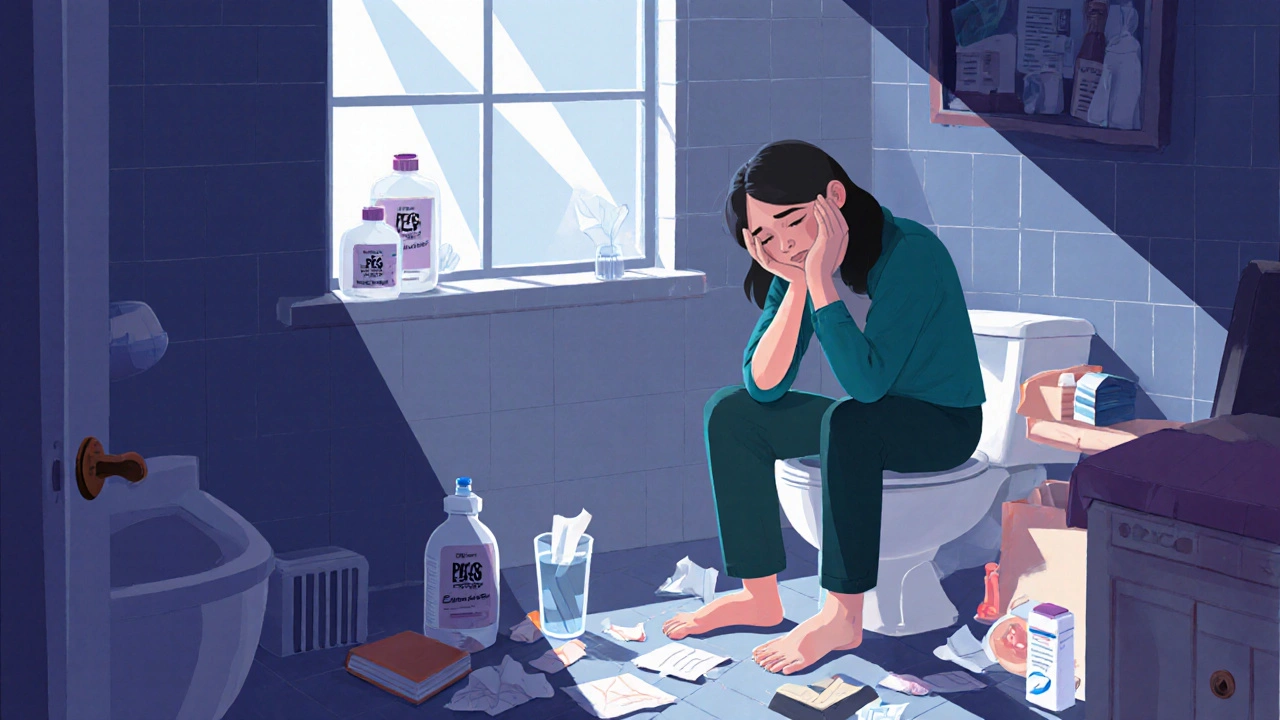 Osoba připravuje se na kolonoskopii doma, sedí na toaletě s čisticím přípravkem.