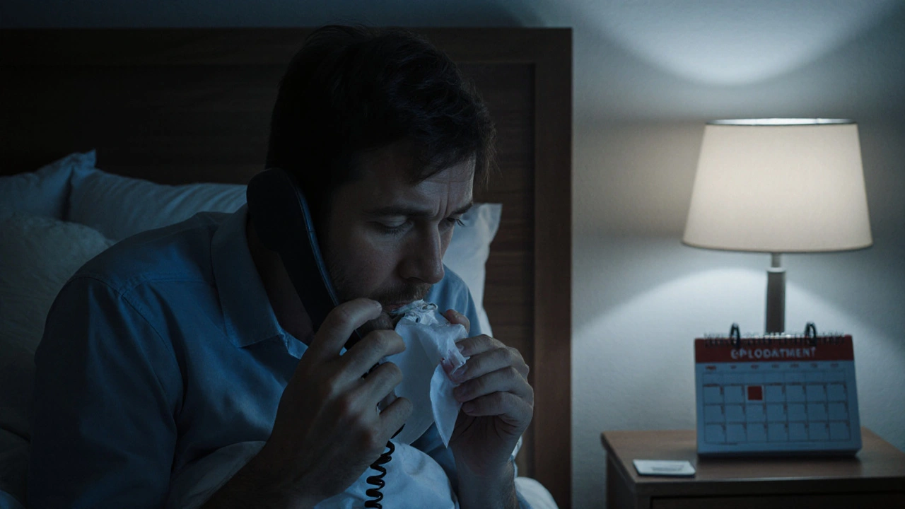 Osoba v posteli s krvavou stopek na tissue, drží telefon, znázorňuje varovný příznak.