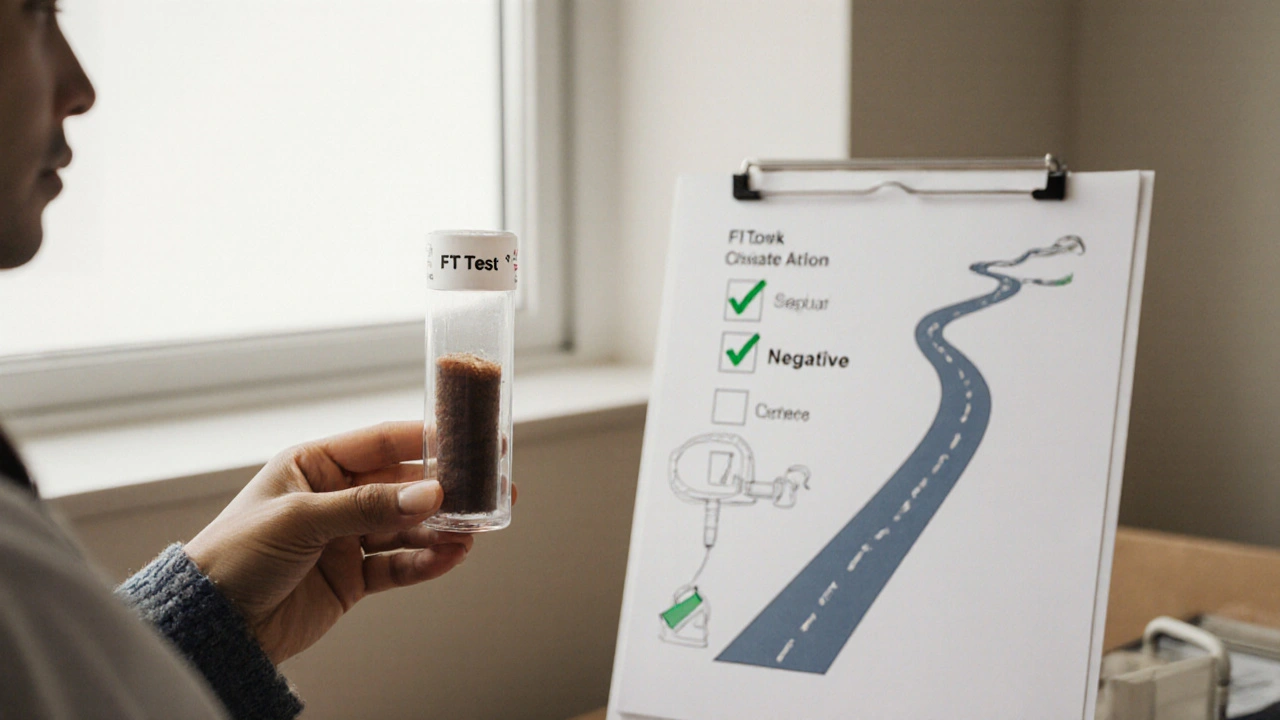 Pacient drží domácí test na skrytou krev ve stolici s výsledkem negativní.