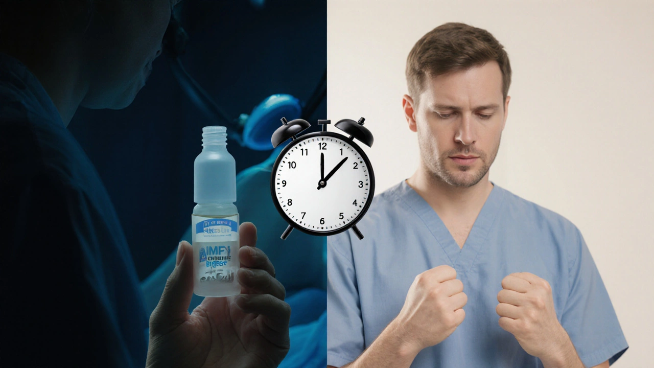 Pacient drží klystýr a hodiny, symbolizující přípravu na vyšetření.