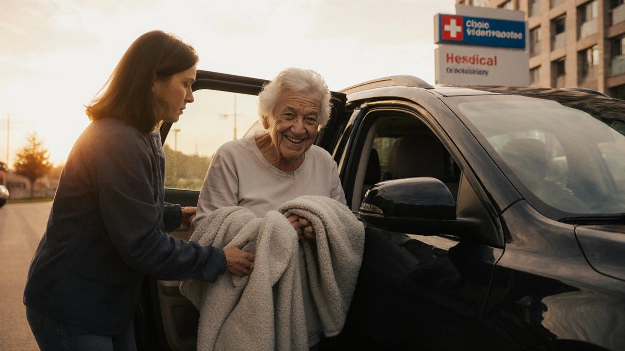 Pacient je po vyšetření veden domů rodinným příslušníkem, klidná scéna ve večerním světle.